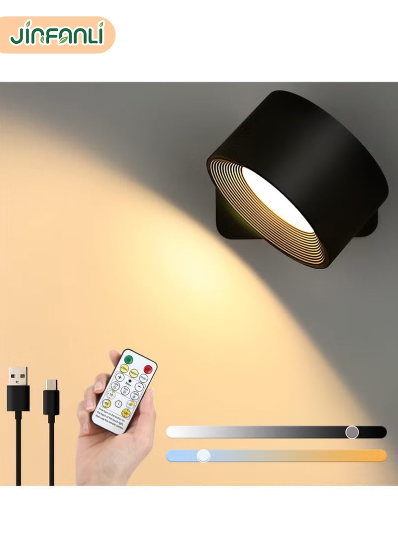 جين فان ل أنا مصباح حائط LED للقراءة، قابل للتعتيم، 3 ألوان RGB، مصباح حائط قابل لإعادة الشحن يعمل بالبطارية، يعمل باللمس وجهاز التحكم عن بعد، كرة مغناطيسية تدور 360 درجة، مصباح قراءة بجانب السرير (أسود) - Image 3
